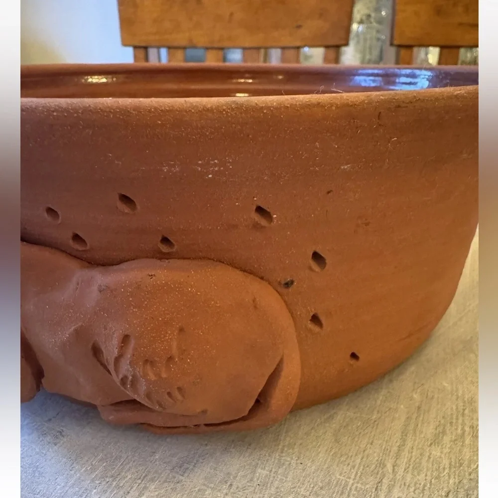 Signed Hand Thrown Studio Art Pottery Terracotta Dog Food Bowl Dish Glaze XL
